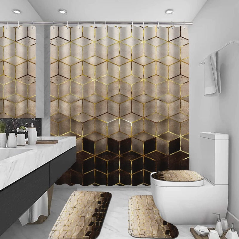 LQCOOL 4Pcs Brown Gradient Shower Curtain Set, Modern Geometric Shower Curtain Set Golden Cubic Lines Bathroom Set Texture Art Bath Accessories with Mats - Image 3